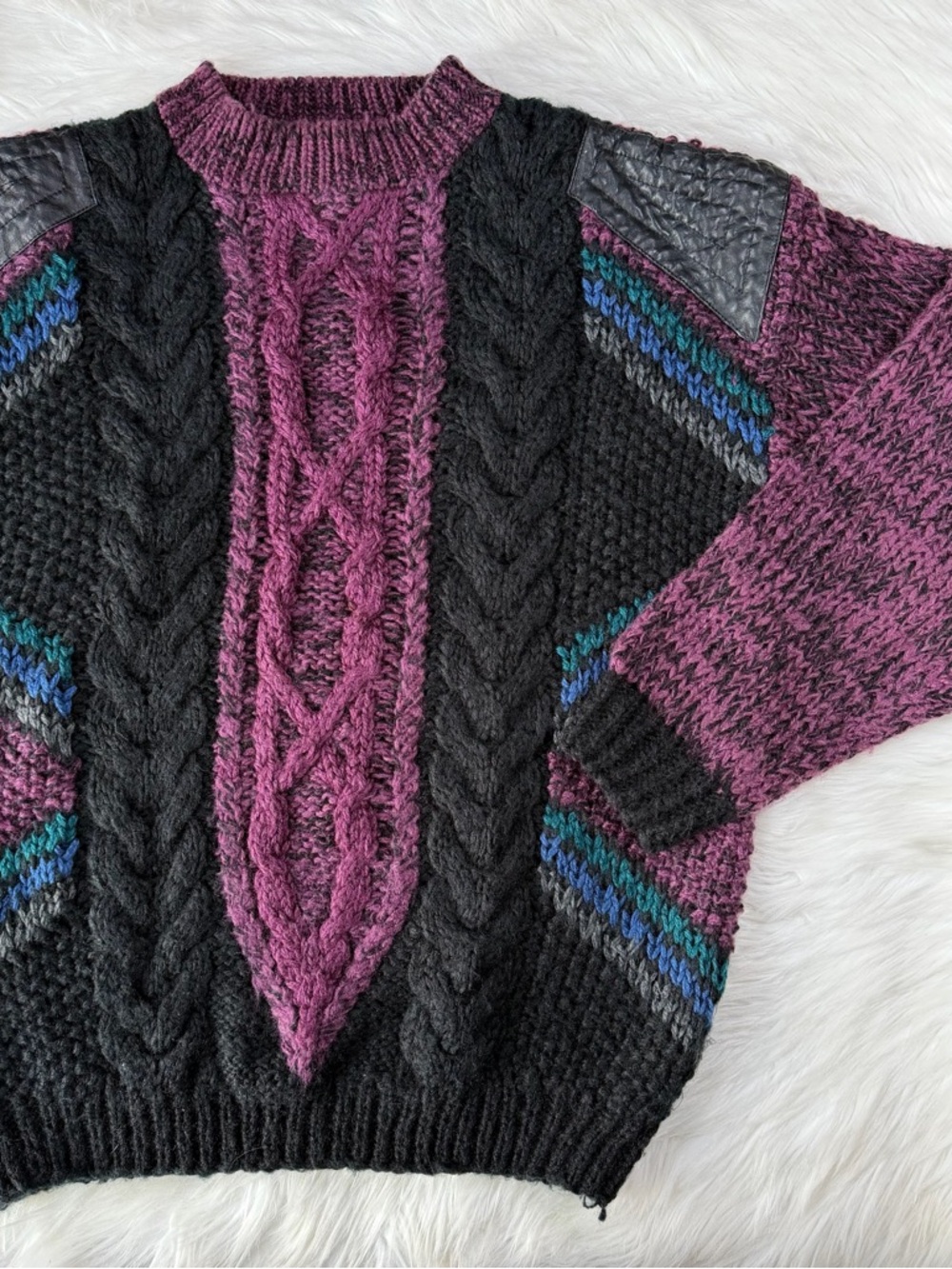 Vintage Trader Bay Chunky Cable Knit Leather Patch Sweater